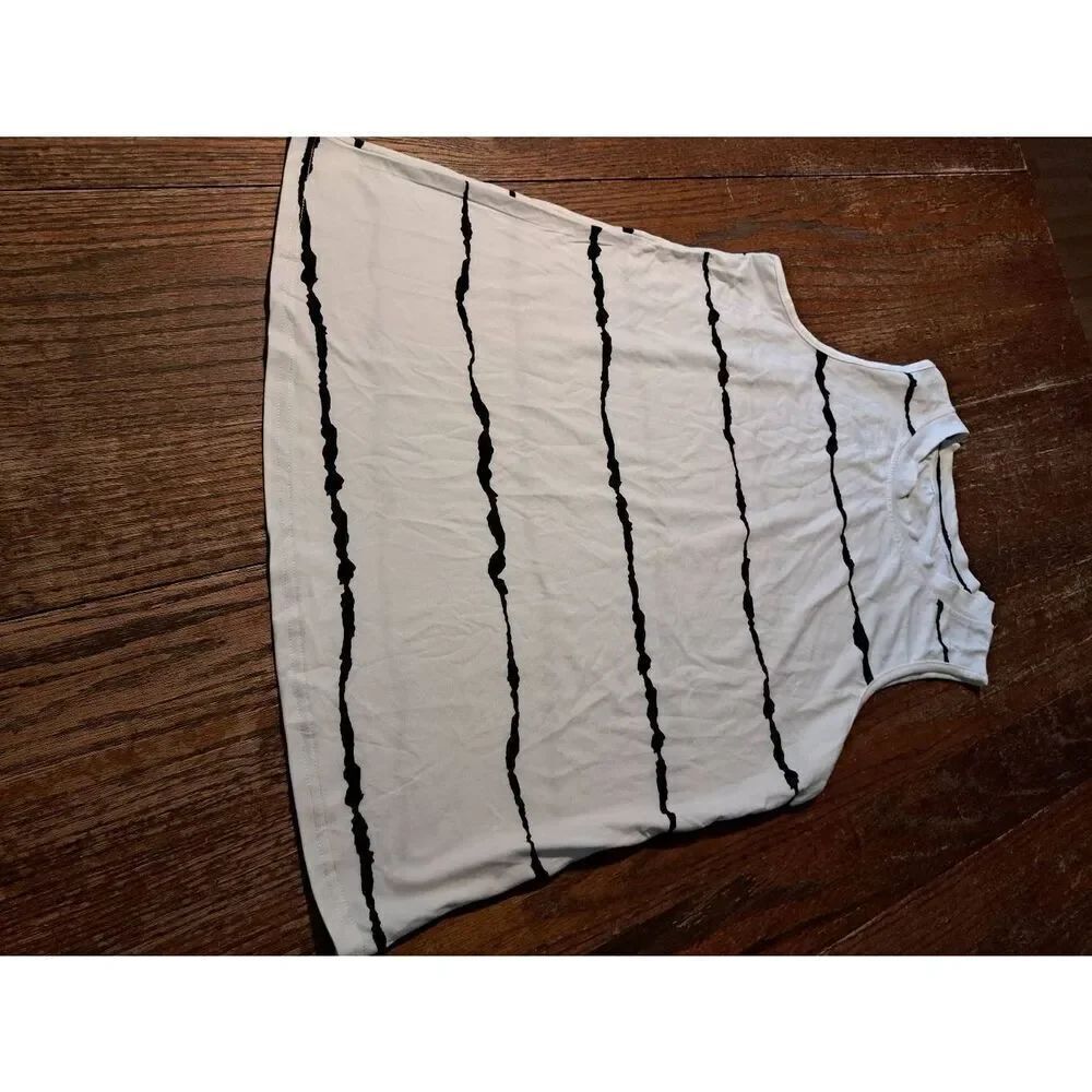 New Large White Black Striped Sleeveless Round Neck Tank Top Muscle Shirt